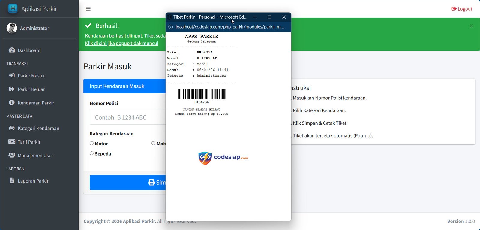 Aplikasi Parkir berbasis PHP Native & MySQLi dengan template AdminLTE 3 ...