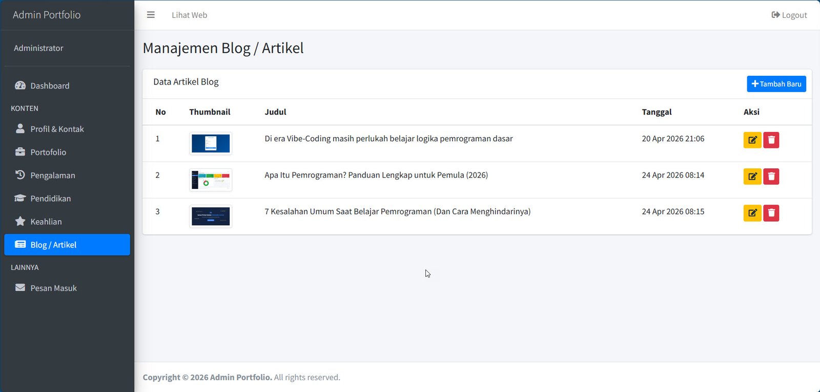 Source Code Web Portfolio Profesional dengan CodeIgniter 4 & AdminLTE 3 ...