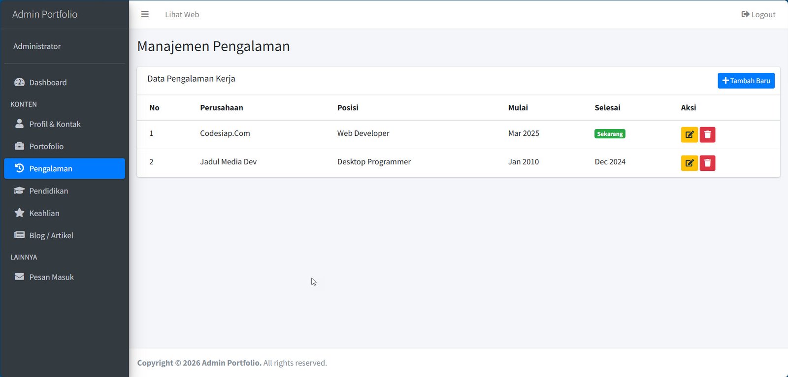 Source Code Web Portfolio Profesional dengan CodeIgniter 4 & AdminLTE 3 ...